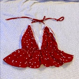 Open back red halter top